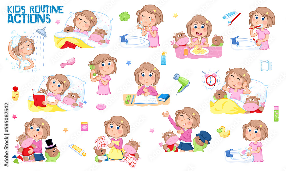 Learning concept - Daily routine of a little girl with light brown hair - Set of thirteen cute educational illustrations - Isolated - White background	
