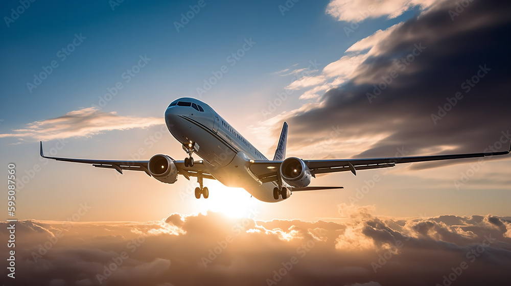 Passenger airplane soaring through a clear blue sky with fluffy white clouds, showcasing the majestic beauty of aviation. Sun rays casting a golden glow on the aircraft's wings, and a sense of freedom Passenger airplane soaring through a clear blue sky with fluffy white clouds, showcasing the majestic beauty of aviation. Sun rays casting a golden glow on the aircraft's wings, and a sense of freedom