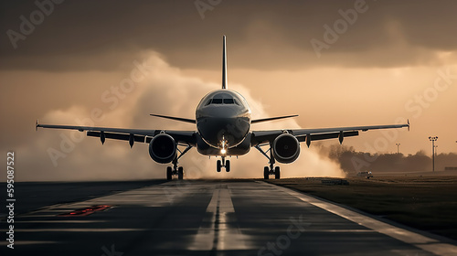 Commercial airliner taking off from a runway, with engines roaring and contrails forming behind. Dramatic sky and sense of speed, capturing the excitement and thrill of air travel