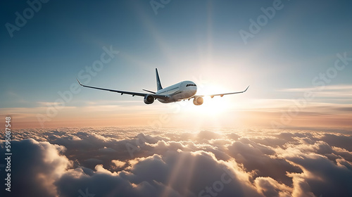 Passenger airplane soaring through a clear blue sky with fluffy white clouds, showcasing the majestic beauty of aviation. Sun rays casting a golden glow on the aircraft's wings, and a sense of freedom