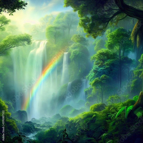 A lush forest scene with a waterfall and a rainbow