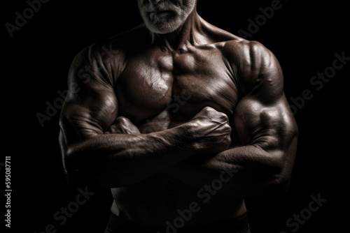 Torso of a muscular elderly man. Low-key photography style. Generative AI