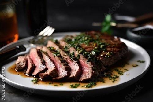 Classic juicy tender flank steak with chimichurri, generative ai photo