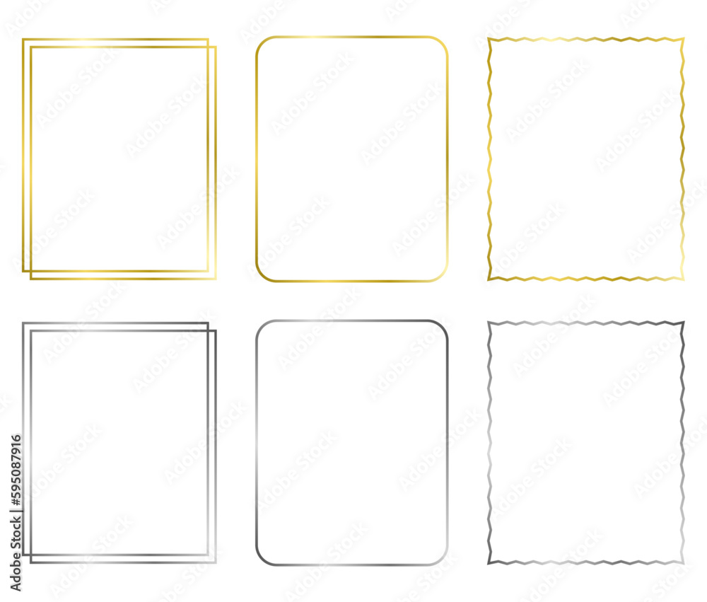 Set of golden and silver frames with reflection. Vector metal frames. Set of blank frames.