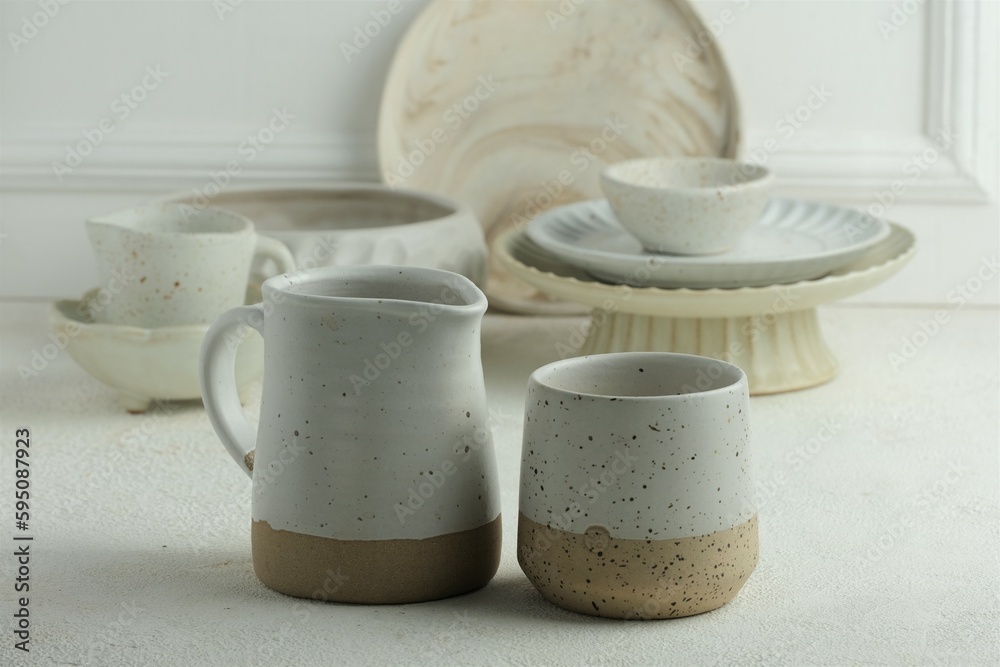 Various of pottery dishes or tableware on white background.