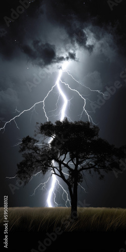 lightning and tree in the night - by generative ai