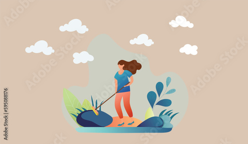 Happy woman cleaning up city street. Young ecologist, volunteer or eco activist picking up and disposing garbage in park. Community service work. Flat cartoon vector illustration.
