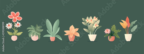 Colorful houseplant in pot seamless set. Vector endless background with cute plant in flowerpot. Hand drawn flower in green background.