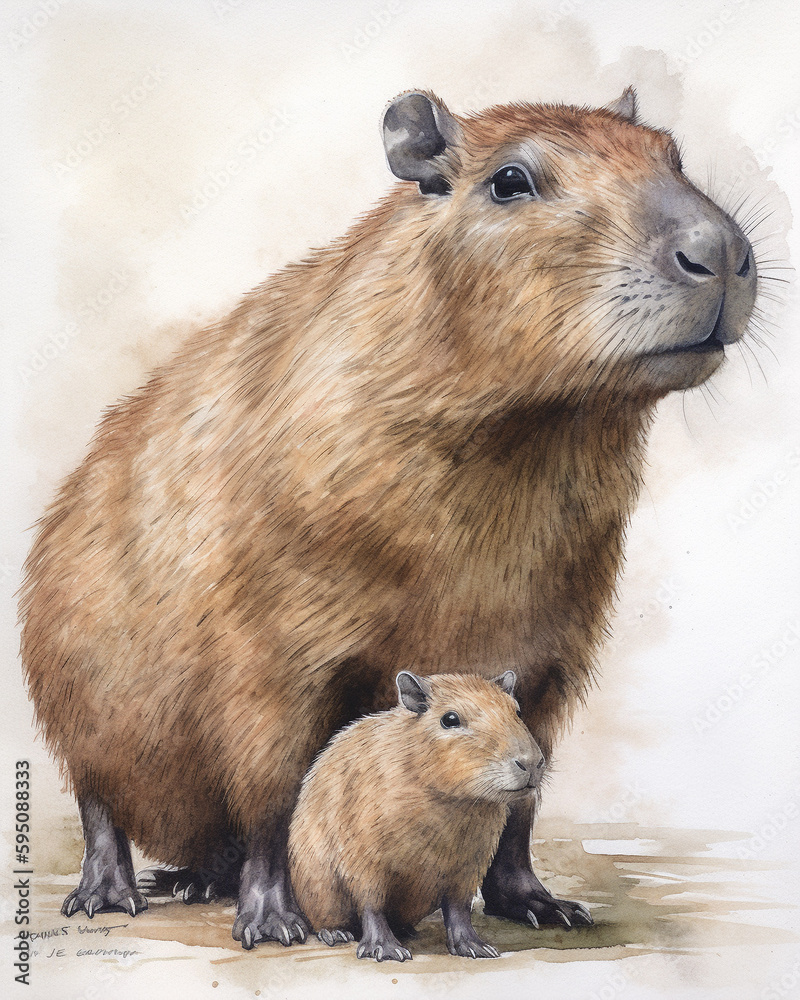 Obraz premium Generative AI, watercolor illustration of small and big capybara, capybara family, son and father, mother and child, card, father's day, animals, zoology, cute