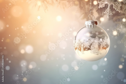 Christmas bauble, ball with fir twigs and sparkling snow, AI generative Xmas greeting background with copy-space, place for text