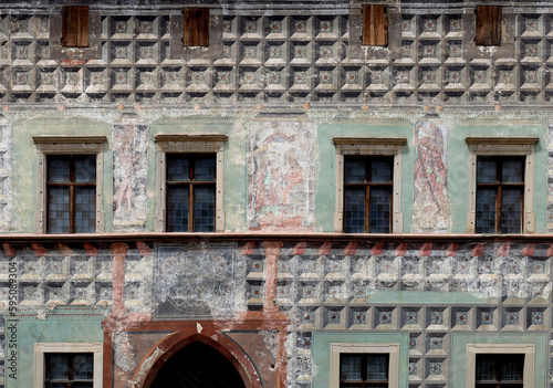 Frescoes on the facade of medieval house in Levoca Slovakia