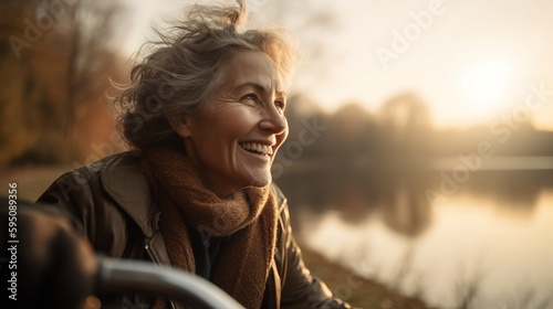 Confident smiling happy retired aging elderly senior baby boomer woman riding a bike, getting fit in retirement, exercising, general wellness outdoor activities in sunrise sunset. Bicycle cycling. 