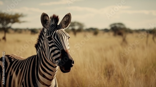 Zebra in a cinematic savanna background with beautiful colors generative ai