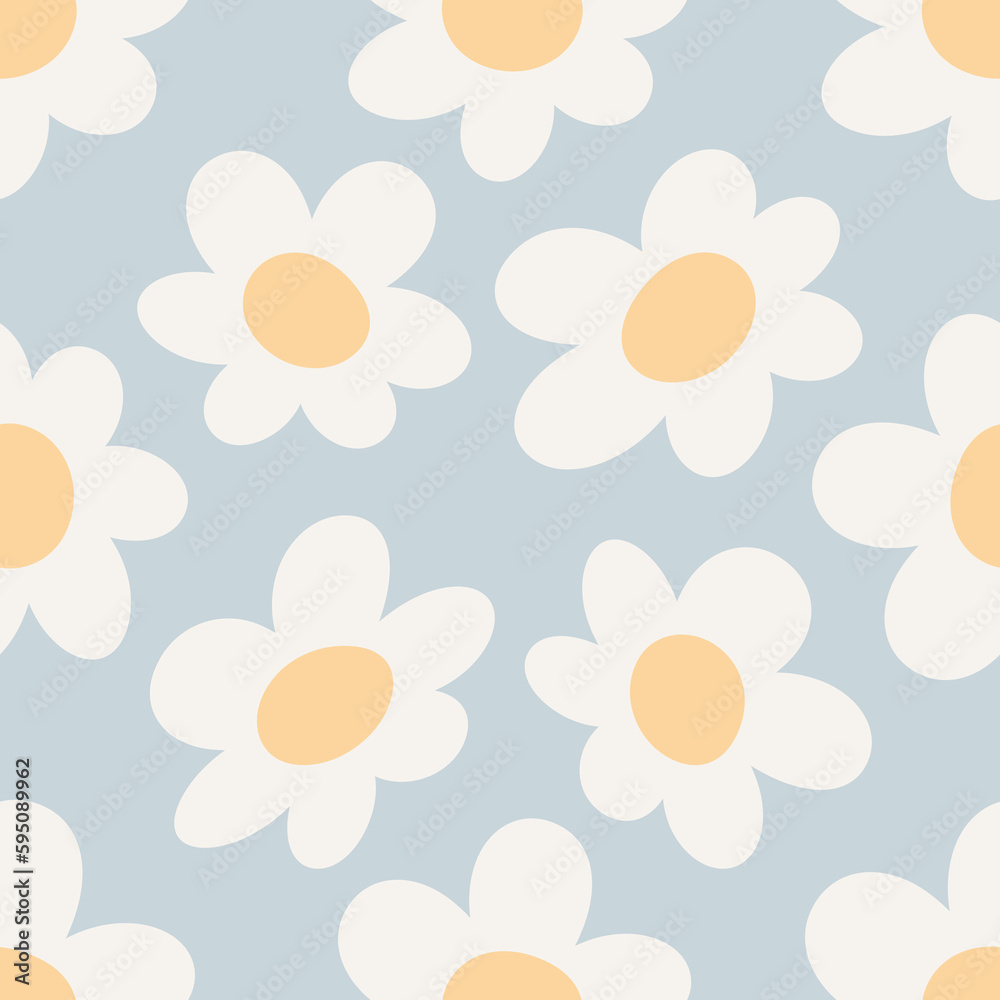 Seamless pattern with retro style white daisy flowers decoration on pastel blue background