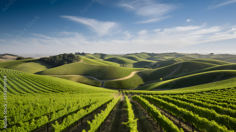 Sweeping image of rolling hills covered in vineyards, showcasing the vibrant green landscape, with rows of grapevines stretching into the distance under a clear blue sky