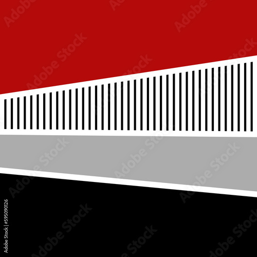 Abstract illustration with geometric shapes in red, gray, black and white colors and white diagonal stripes decoration