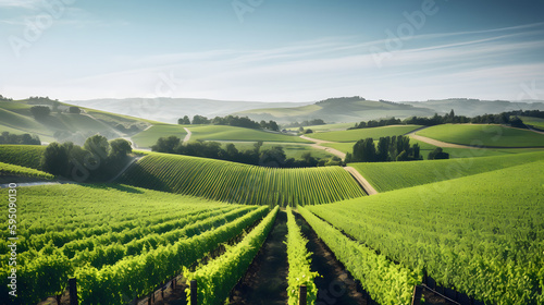 Sweeping image of rolling hills covered in vineyards, showcasing the vibrant green landscape, with rows of grapevines stretching into the distance under a clear blue sky © CanvasPixelDreams