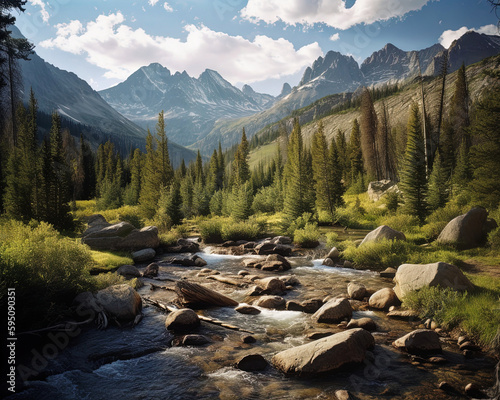 Majestic Landscape of the Rocky Mountains with a River, Conifers, and Mountains in the Background - generative AI © Uolir