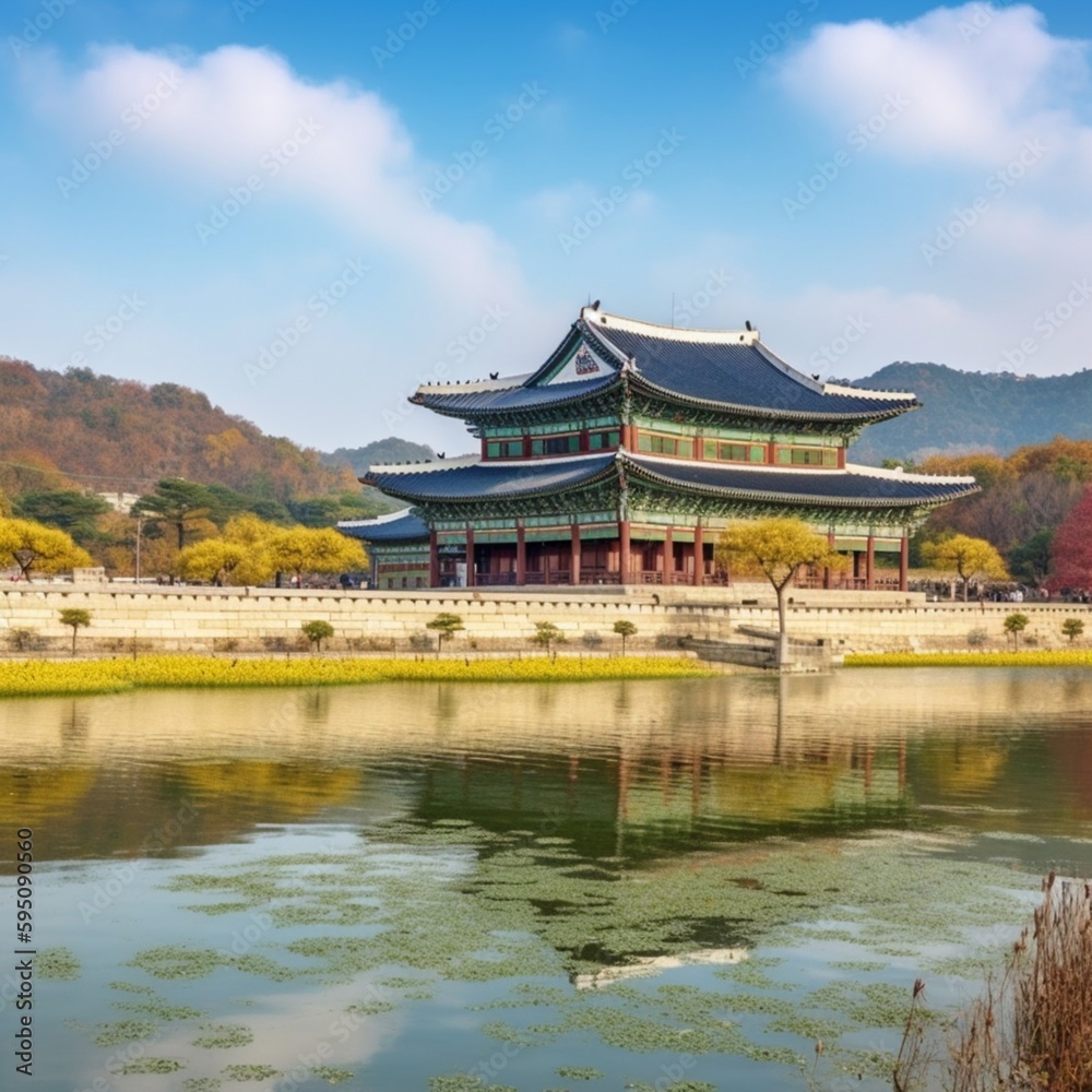 ソウル市の景福宮、韓国ソウルの景福宮のランドマーク、朝鮮王朝の正宮である景福宮の木造伝統家屋GenerativeAI
