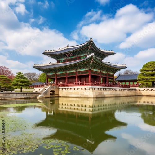 ソウル市の景福宮、韓国ソウルの景福宮のランドマーク、朝鮮王朝の正宮である景福宮の木造伝統家屋GenerativeAI