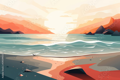 A serene seascape depicted in a minimalist illustration. Soft and muted colors. Generative AI