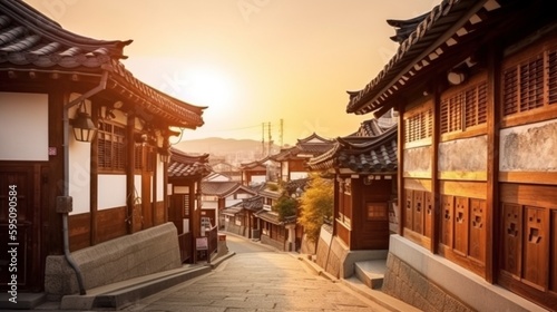 ソウル市北村韓屋村、韓国伝統様式の古建築建物、韓国ソウル市GenerativeAI