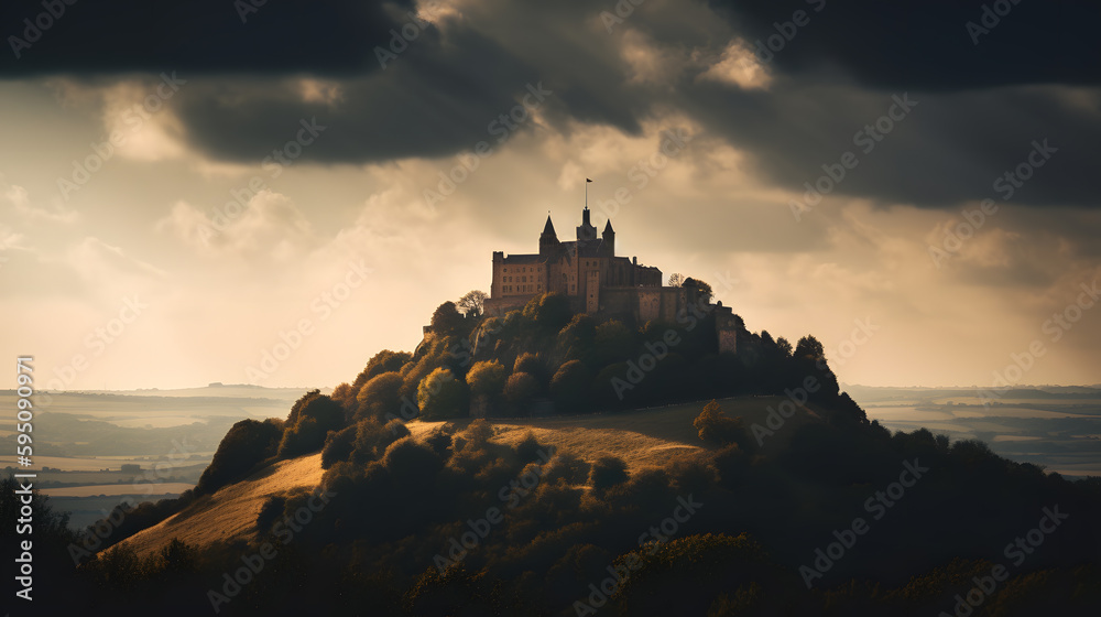 Obraz premium Majestic view of an ancient castle atop a hill, with the imposing structure silhouetted against a dramatic sky, and the surrounding countryside bathed in soft, golden light