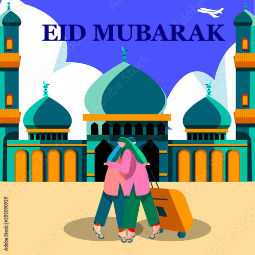 Celebrate Eid al-Fitr with our stunning flat illustration featuring a mosque, and some travel elements. Flat Eid ul fitr illustration