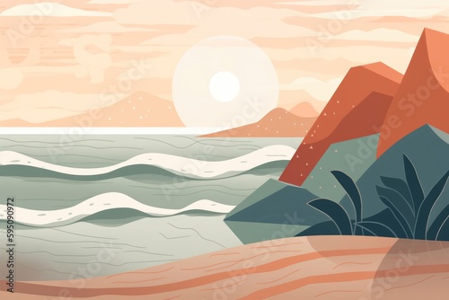 A serene seascape depicted in a minimalist illustration. Soft and muted colors. Generative AI