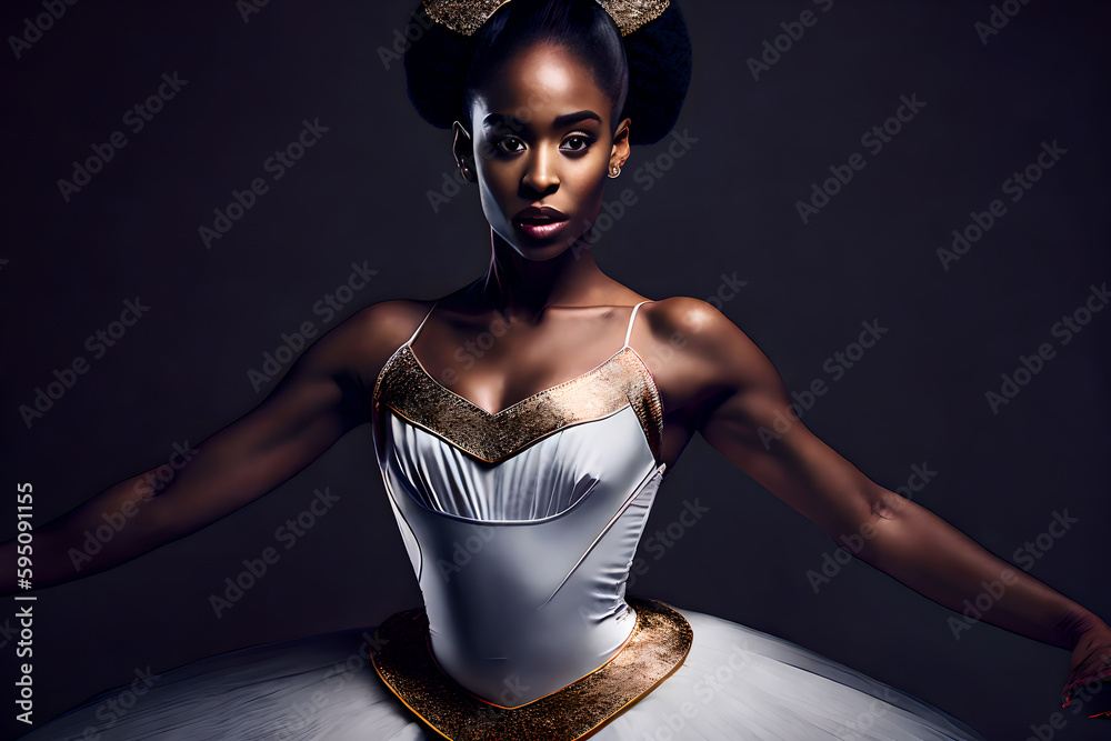 An African-American stern ballerina in ballet clothes. Generative AI An African-American stern ballerina in ballet clothes. Generative AI