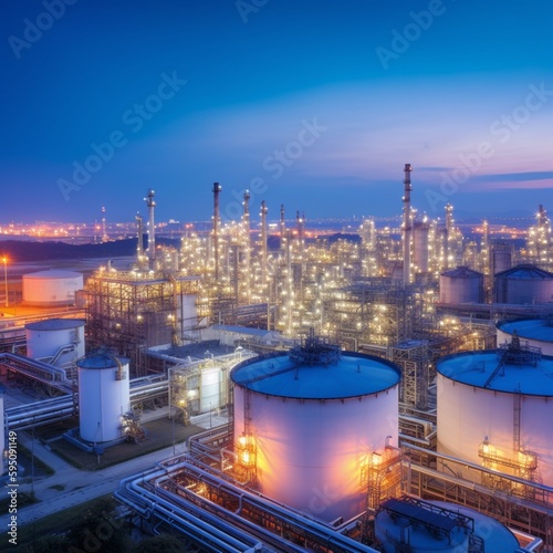 石油精製工場プラントと石油貯蔵タンク、黄昏時のビジネスグラフ分析GenerativeAI