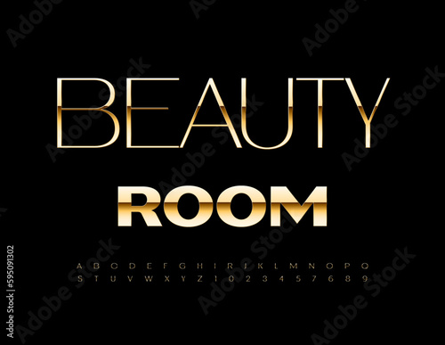 Vector artistic Emblem Beauty Room. Slim Golden Font. Chic Alphabet Letters and Numbers set