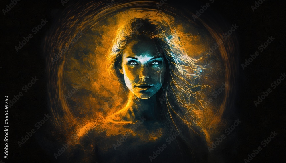 A beautiful face portrait of a powerful yogi woman who is a mistress of the elements with the calm and peaceful expression a colorful abstract picture painted with paints