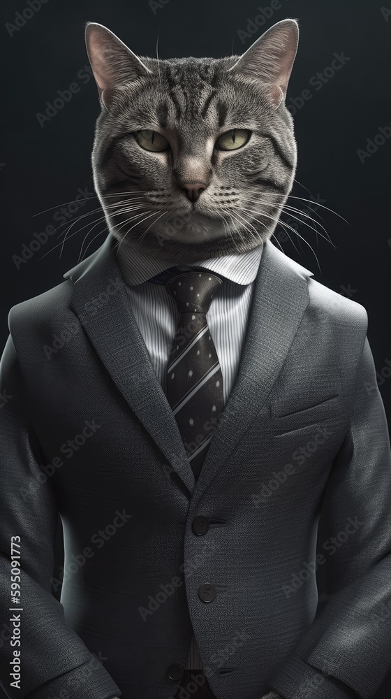 Cat wearing a business suit. Studio portrait created using generative AI tools Cat wearing a business suit. Studio portrait created using generative AI tools