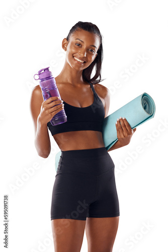 Happy woman in portrait, yoga mat and water bottle with fitness isolated on transparent, png background. Exercise, sports and pilates with health, hydration with Indian female yogi smile and training
