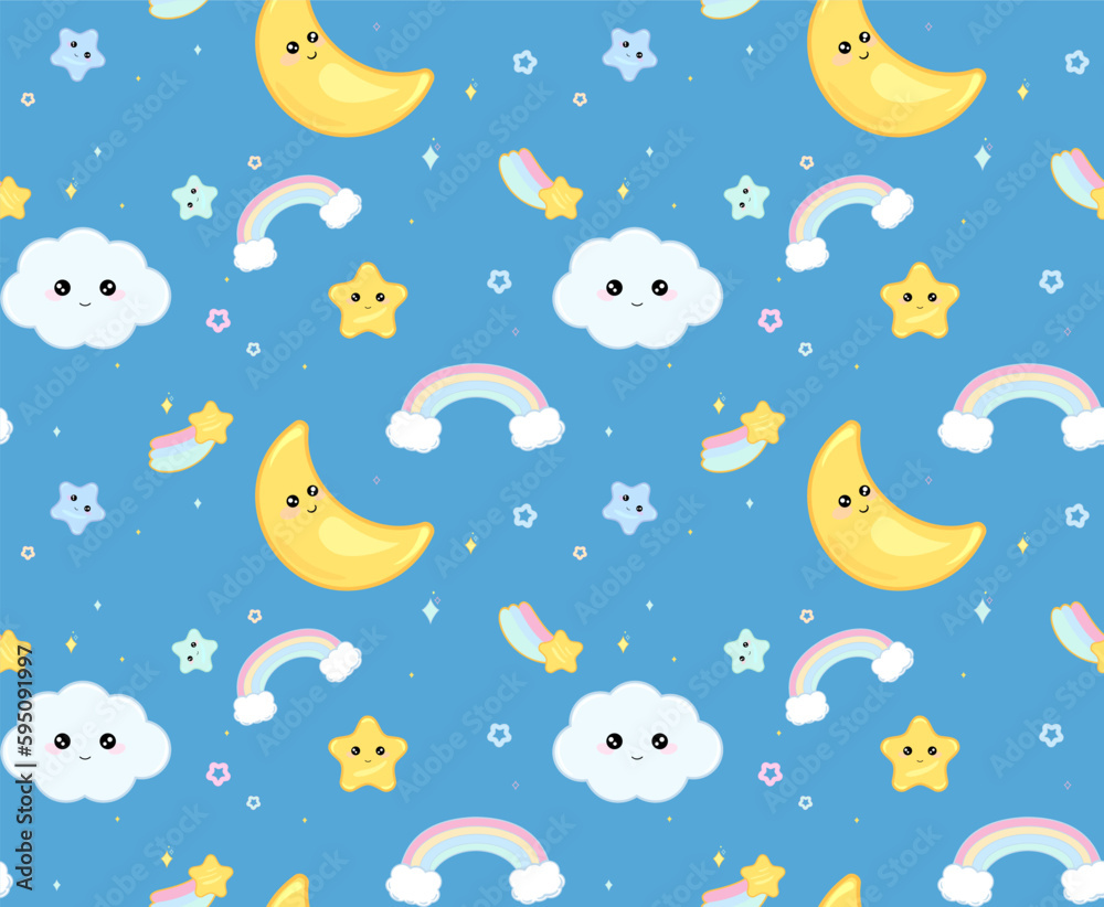 Cute cheerful kawaii cartoon background with the image of emotional charming moons, stars, rainbows, comets, fabulous children's wallpaper, wrapper