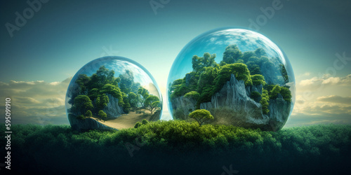 abstract transparent spheres with mountains and forests inside. picture for earth day. AI Generated.