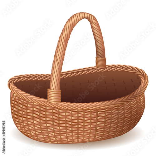 Empty wicker basket with handle made of vine, wood, food storage, vegetables, eggs, transport things and container, old tool of villages and towns, traditional element for easter holiday