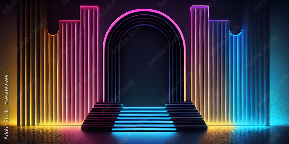 3d style, retrowave neon tube abstract pink blue orange neon background with glowing arch. Performance stage, showcase. Podium for product presentation. Generative AI. 3d style, retrowave neon tube abstract pink blue orange neon background with glowing arch. Performance stage, showcase. Podium for product presentation. Generative AI.