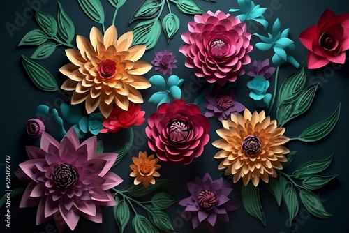 Colorful paper cut flowers on a dark background, 3D digital illustration, holiday floral background, quilling, handmade holiday decoration, Generative AI