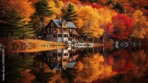 A mesmerizing photograph of a beautiful wooden house next to a serene lake nestled among the vibrant fall foliage in the White Mountains of New Hampshire - generative AI
