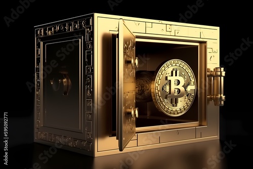 Cryptocurrency securing: The Symbolic Significance of Gold Safe Deposit with Bitcoin Logo in the Virtual Blockchain Space. Generative Ai.