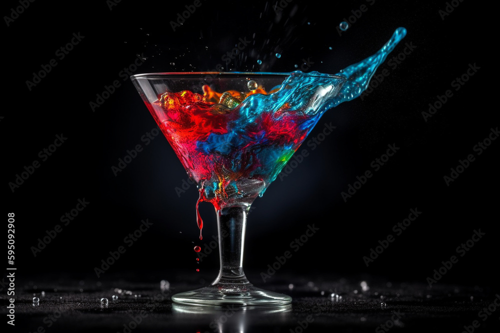 Alcoholic cocktail with colorful splash on black background. Colored alcohol party glass splashing. Ai generated