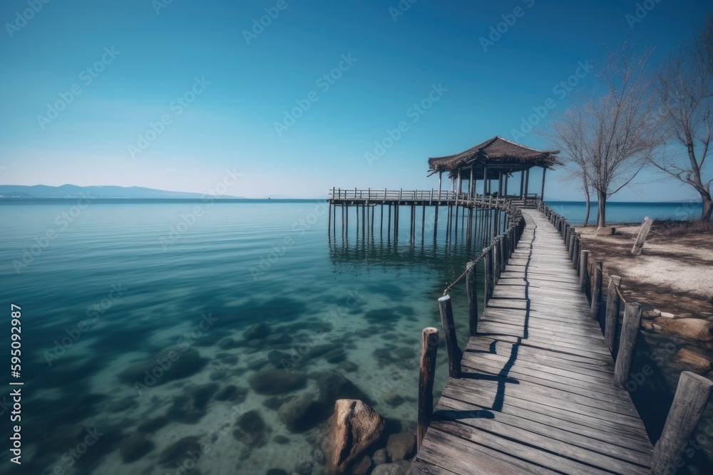 Fototapeta premium Traditional Japanese pavilion on a wooden pier over a serene turquoise sea, under a bright blue sky