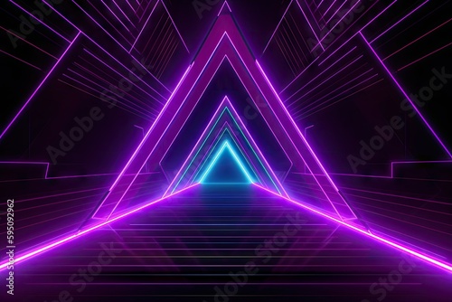 Abstract geometric background center perspective with neon lines glowing in ultraviolet light. Generative ai