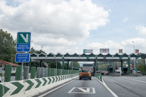 Image of section of the A3 motorway, Portuguese motorway that connects Minho, Valença to the Douro coastline, Porto, Portugal. Tolls, fees section. 