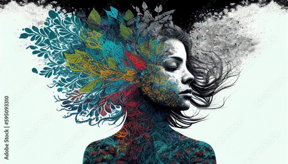 Fototapeta premium A beautiful face portrait of a woman with a fashionable look with leaves and plants in her long hair a colorful abstract picture