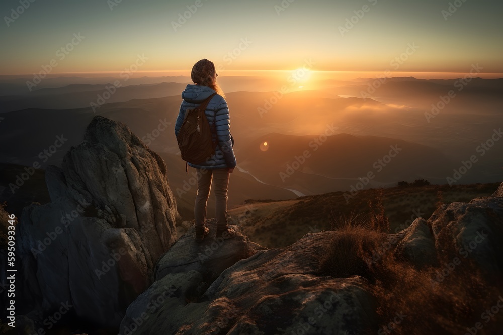 Abstract Female Hiker stands at the summit of a difficult mountain climb to be greeted with a beautiful view of the sunrise. Generative ai. Advertising photography style.