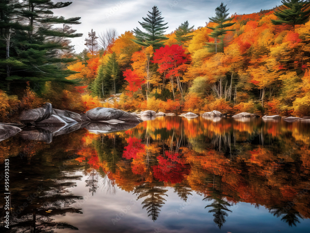 A Serene Lake Amidst Vibrant Fall Foliage in the White Mountains - generative AI