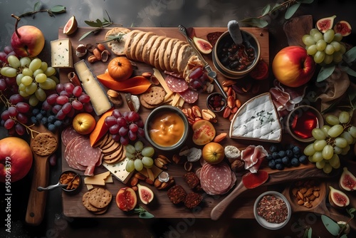 Flat lay of a charcuterie board: Cured meats, cheeses, crackers, fruits, and nuts in an artistic manner for an appetizing and visually appealing charcuterie board. Generative Ai.